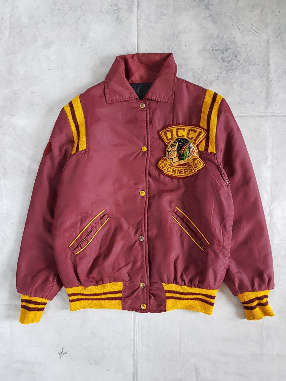 Vintage Burgundy & Gold Varsity Bomber Jacket with Team Patch